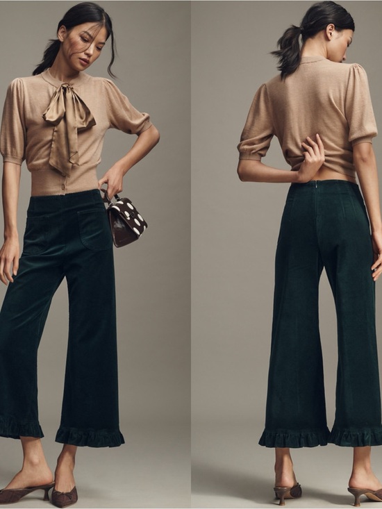 Anthropologie Pants - Anthropologie Maeve The Colette Crop Velvet Ruffle-Hem Pants 29 Dark Hunter NWT